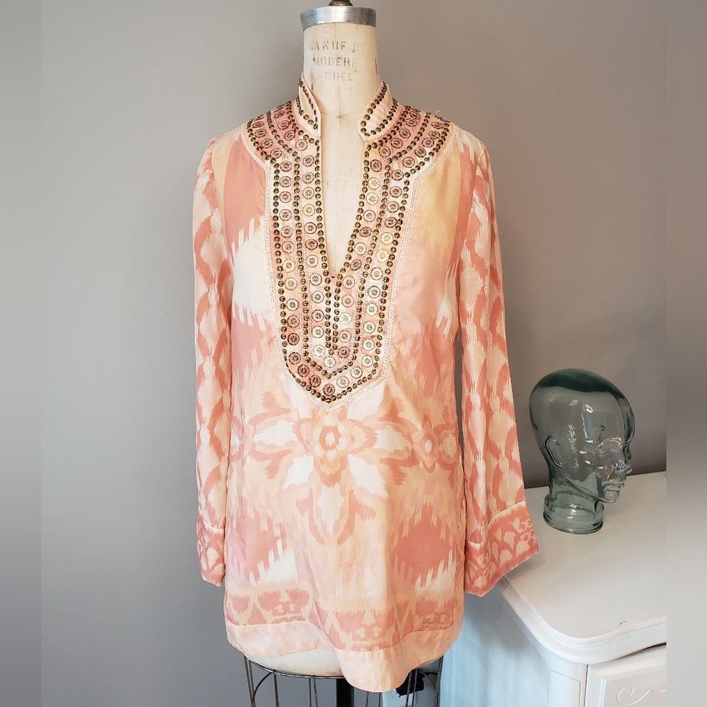 Tory Burch Pink and Cream Beaded Ikat Tunic Top